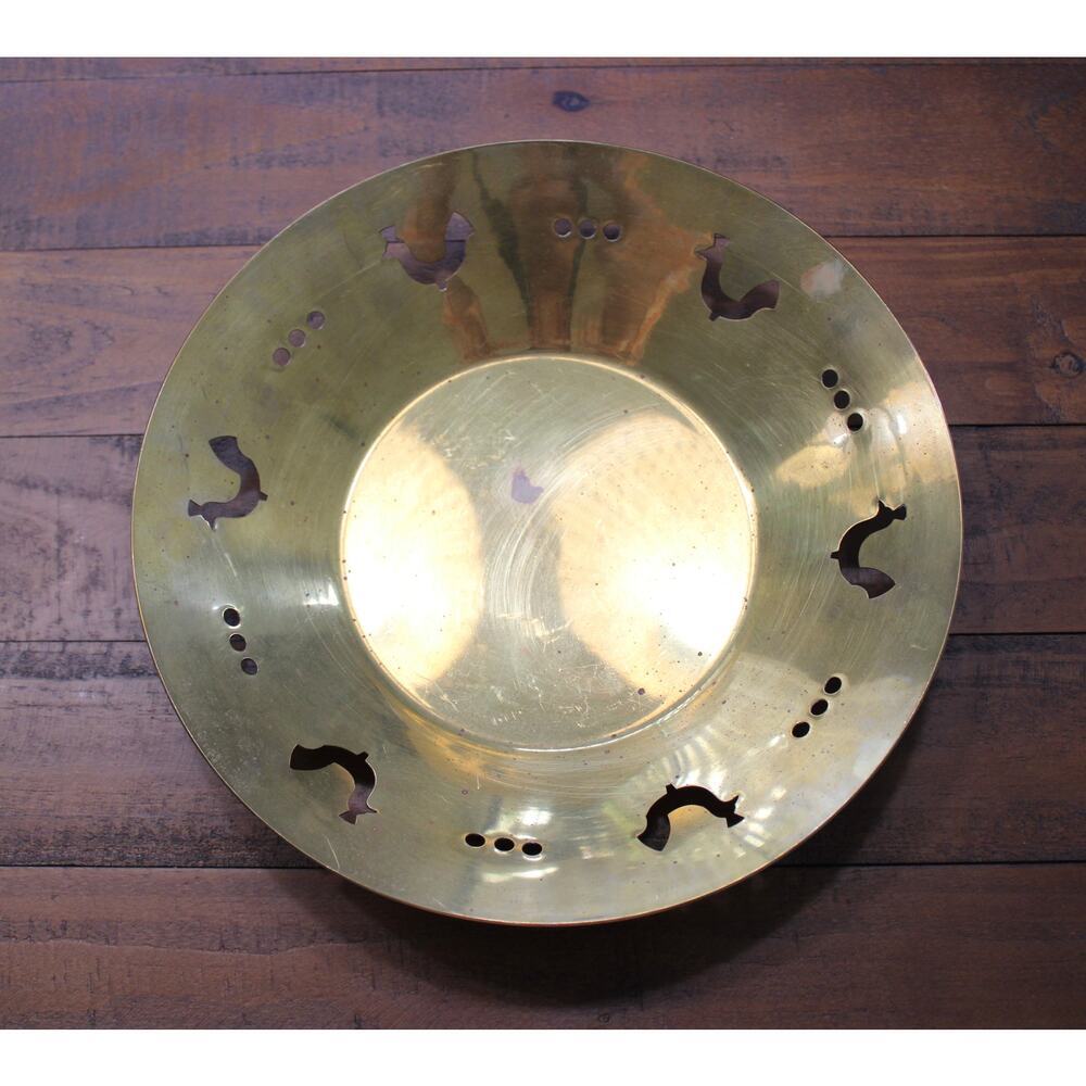 Vintage Round Brass Bowl with Cutout Rooster Chicken Design 11" Fruit Farmhouse